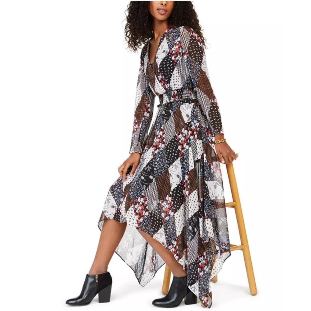 Tommy Hilfiger Quilted-Print Handkerchief-Hem Long Sleeve Chiffon Dress Sz 0X